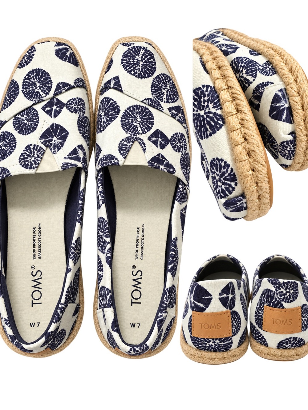TOMS Coastal Navy & Ivory Canvas Espadrille Slip-On Flats – Women’s Size 7